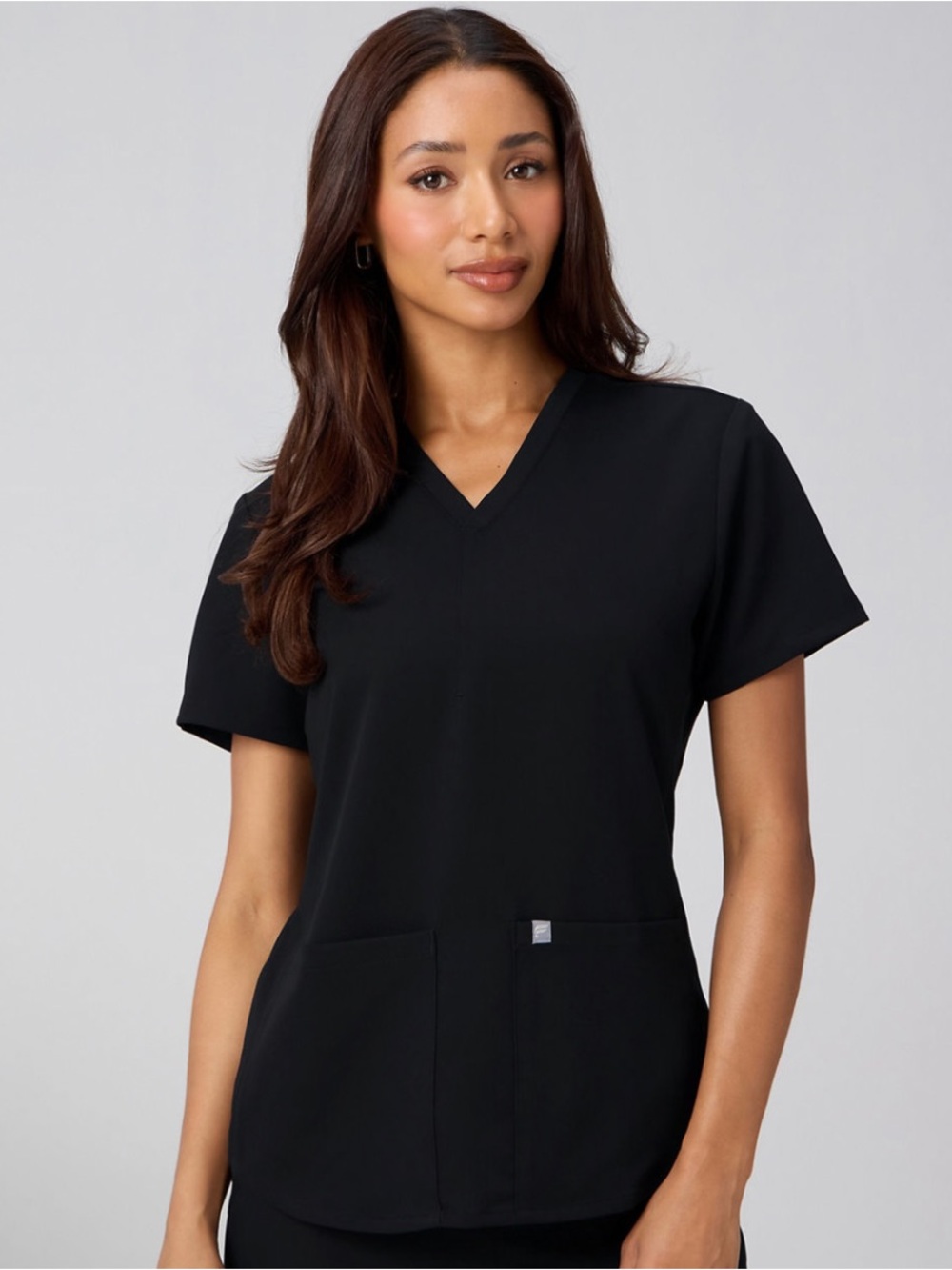 Method 2-Pocket Scrub Top Fabletics Black V-Neck Short Sleeve